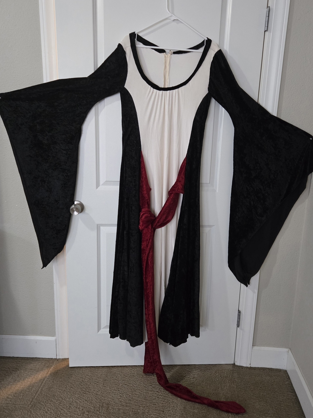 Black and Cream Long Bell-Sleeve Women's Sweater with Burgundy Sash